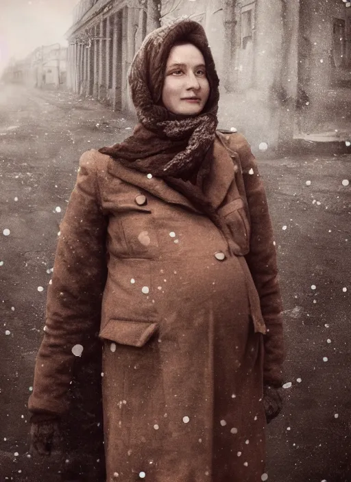 Image similar to full-length portrait of a pregnant woman on the street of besieged Leningrad, historically reliable photo chronicle, winter 1941, , ultra detailed, digital art, octane render, 4K, dystopian, micro details