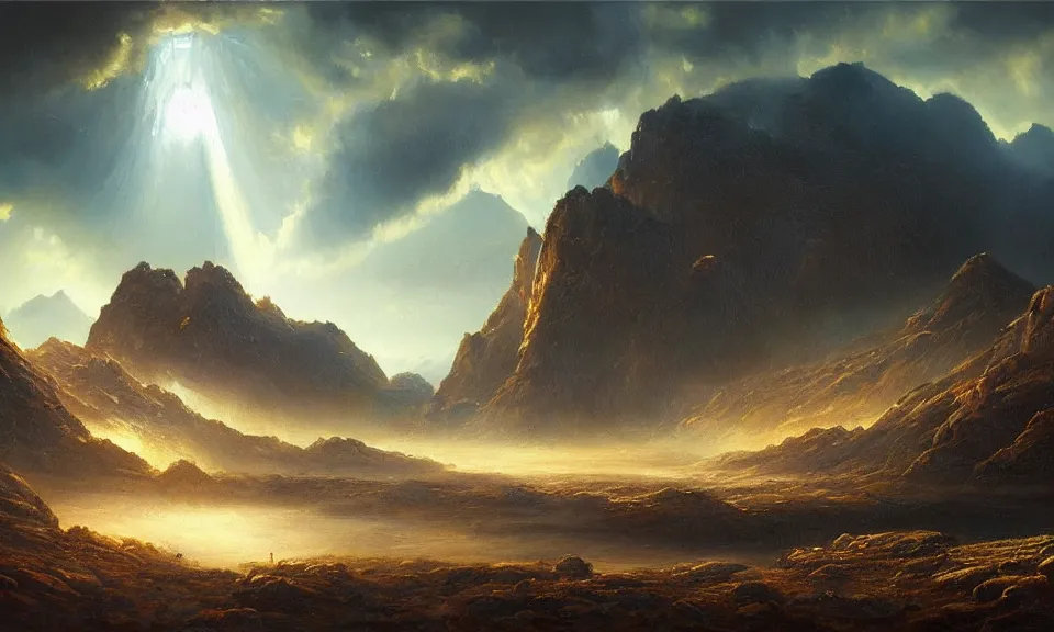 Image similar to the most beautiful landscape, oil painting, alien breathtaking landscape, cinematic lighting, highly detailed, very realistic