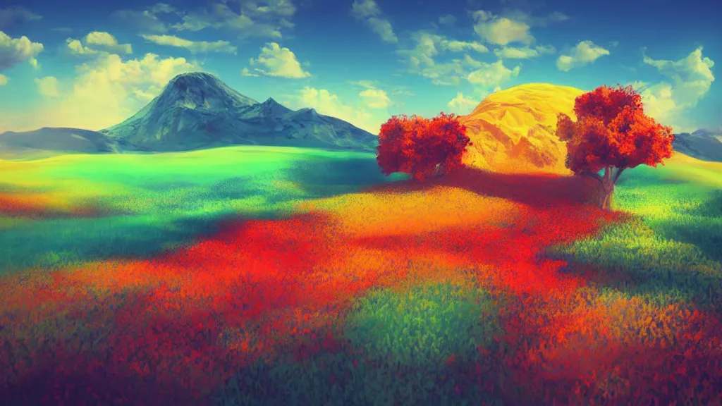 Prompt: beautiful landscape, surrealism, bright color pallet, low quality render