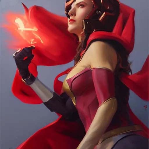 Image similar to greg manchess portrait painting of scarlet witch as overwatch character, medium shot, asymmetrical, profile picture, organic painting, sunny day, matte painting, bold shapes, hard edges, street art, trending on artstation, by huang guangjian and gil elvgren and sachin teng