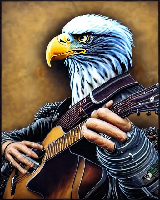 Prompt: a portrait of an anthropomorphic cyberpunk bald eagle screeching while strumming an acoustic guitar by sandra chevrier, by jon foster, detailed render, tape deck, epic composition, cybernetics, 4 k realistic, cryengine, realistic shaded lighting, sharp focus, masterpiece, by enki bilal