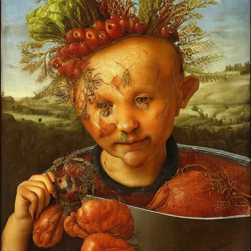 Image similar to a boy sitting in a tub full of tomato sauce, a lot of cabbage, by giuseppe arcimboldo and ambrosius benson, renaissance, portrait, fruit, intricate and intense oil paint, realistic, award - winning