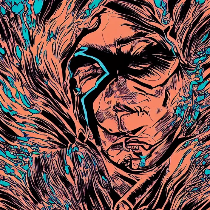 Prompt: trippy comic book artwork of a man's face exploding into particles of sand, very detailed, 8k