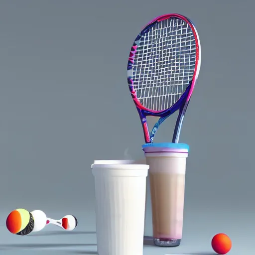 Prompt: three cups of yougurt jats next to a tennis racket, a stock photo by pia fries, trending on pinterest, lyco art, y 2 k aesthetic, vaporwave, aesthetic, side view, vray tracing, octane render