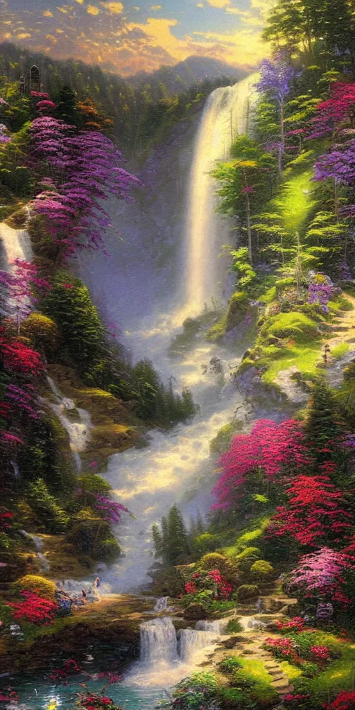 Prompt: a beautiful waterfall in the style thomas kinkade