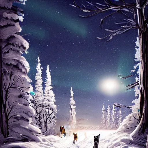 Image similar to a winter scene at night, northern lights, dog sled team, matte painting, high quality, trending on artstation