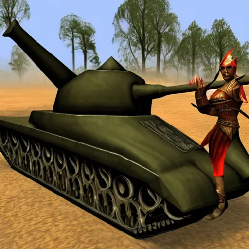 Image similar to a morrowind elf driving a wwii tank in morrowind, retro 3 d graphics, game screenshot