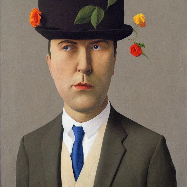 Image similar to portrait of man in a suit that has flowers hiding his head by rene magritte, detailed painting, hd, hq, high resolution, high detail, 4 k, 8 k
