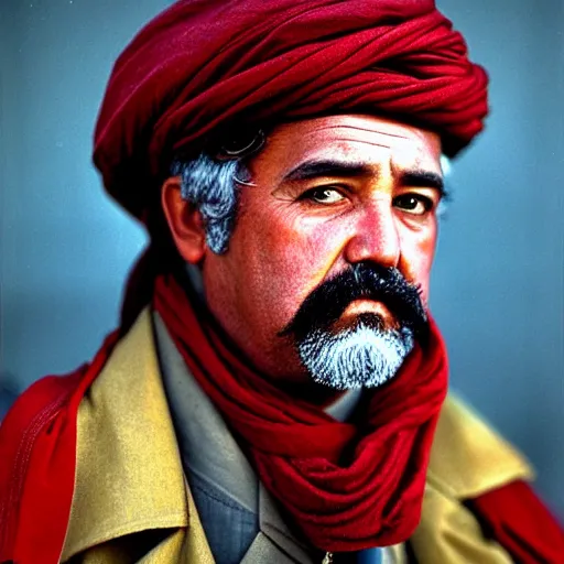 Prompt: portrait of president chester a arthur as afghan man, green eyes and red scarf looking intently, photograph by steve mccurry