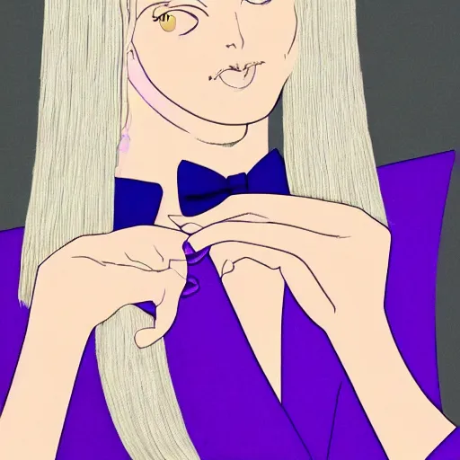 Image similar to a tall skinny blonde bunny woman with her hair in a bun and purple eyes, wearing a dark purple suit, cartoony