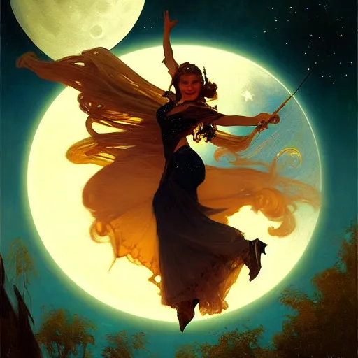 Image similar to attractive witch magically flying trough the night, fantasy, full moon in background. highly detailed painting by gaston bussiere, craig mullins, j. c. leyendecker 8 k