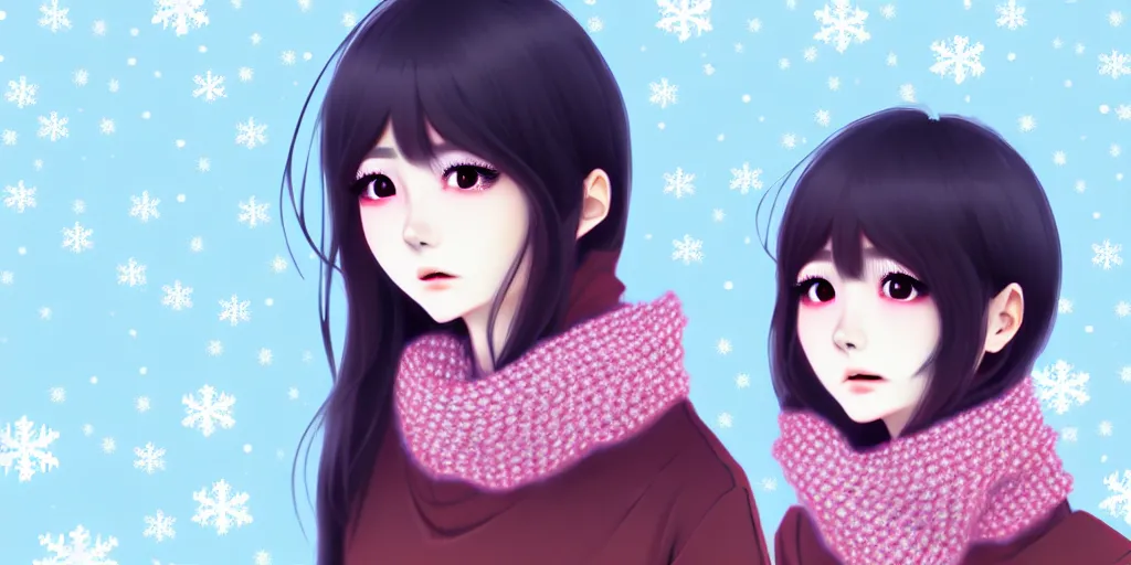 Image similar to ulzzang korean girl in sweater wearing scarf on neck. winter background, ilya kuvshinov, anime, pixiv top monthly, trending on artstation, cinematic, danbooru, zerochan art, kyoto animation
