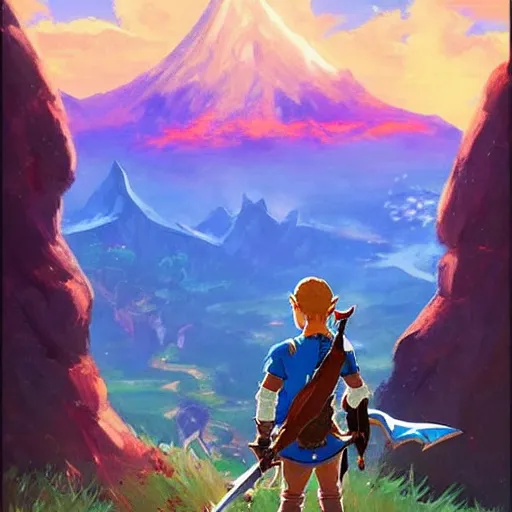 Image similar to oil painting of zelda breath of the wild, mountain in the background. beautiful, rpg, dnd, artgerm, disney, pixar