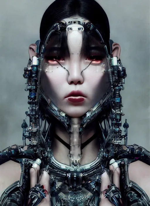 Image similar to portrait of a futuristic korean latex goth girl cyborg, modern fine art, fractal, intricate ornaments, elegant, highly detailed, digital photography, subsurface scattering, by jheronimus bosch and greg rutkowski,