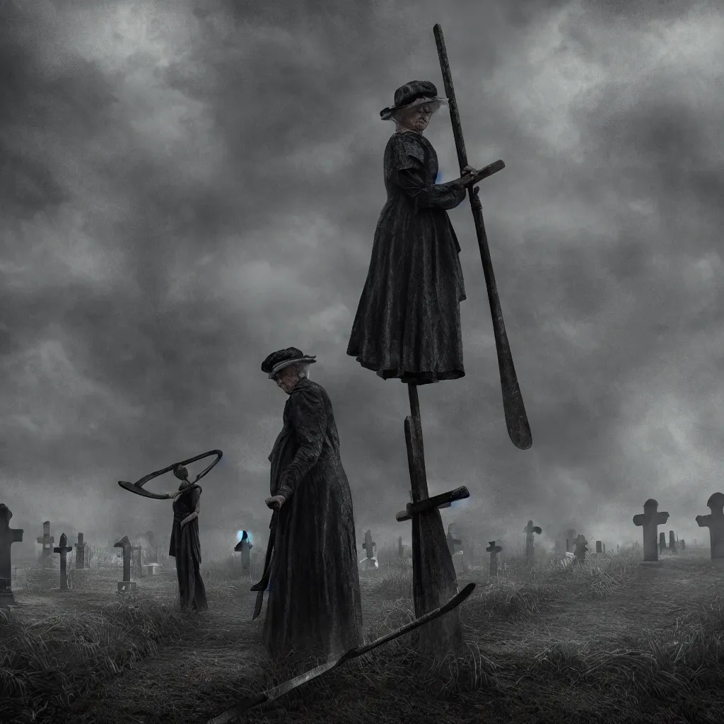 Image similar to old lady in the graveyard with a scythe, central composition, dark and mysterious, atmospheric, ominous, eerie, cinematic, 4k, ultra detail, ultra realistic