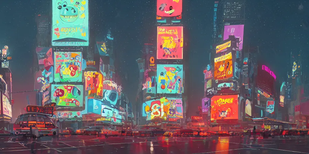 Prompt: cute cartoon striped monster in Times Square at night by Goro Fujita and Simon Stalenhag , 8k, trending on artstation, hyper detailed, cinematic,snowing