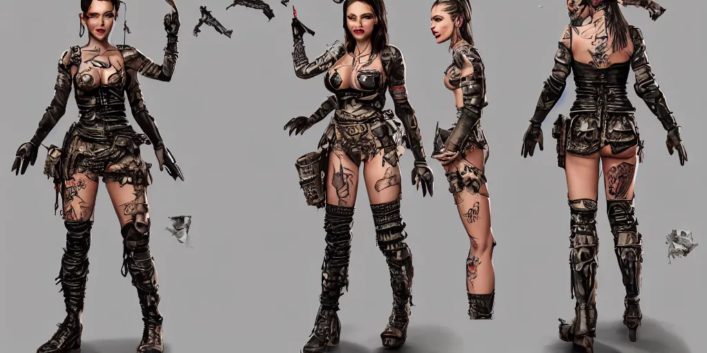 Prompt: sasha rose as a tattooed armored wanderer pinup, wearing scratched and ripped leather shorts and a short jacket full of stamps and stitches, character sheet, fine details, concept design, contrast, kim jung gi, greg rutkowski, trending on artstation, 8 k, full body, front view, ultra wide angle