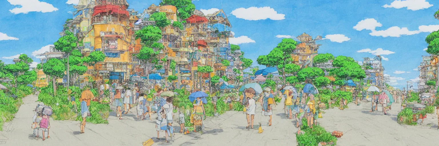 Prompt: summer street near a beach, studio ghibli style