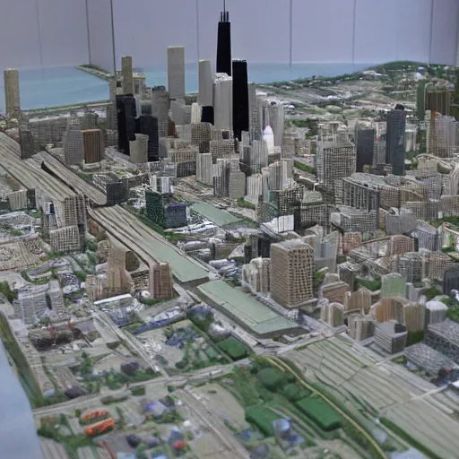 Prompt: godzilla in a miniature city model of chicago