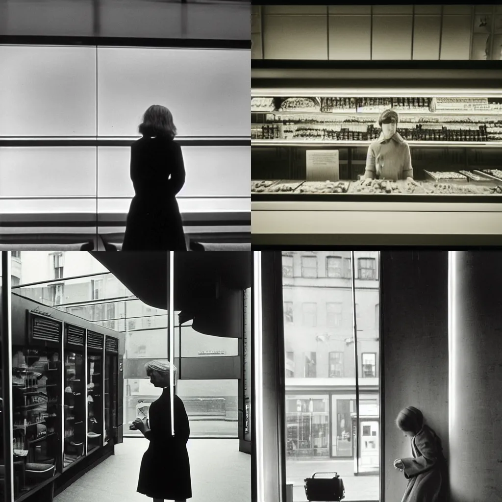 Prompt: A girl in Automat, photograph by Wim Wenders and Edward Hopper