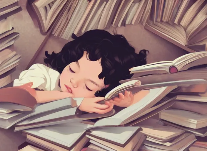 Image similar to a little girl with short wavy curly light brown hair is asleep in pile of books. clean cel shaded vector art. shutterstock. behance hd by lois van baarle, artgerm, helen huang, by makoto shinkai and ilya kuvshinov, rossdraws, illustration, art by ilya kuvshinov