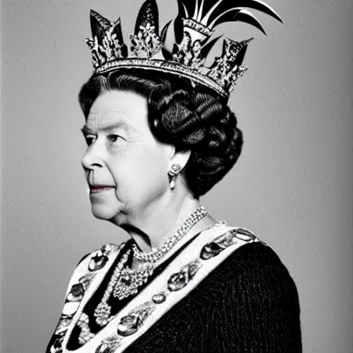 Image similar to the queen of england with a pineapple as a crown with jewels