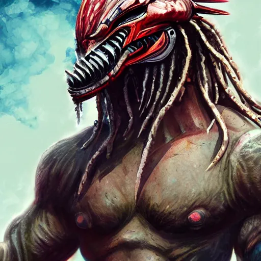 Prompt: digital paint of The Predator in ancient Japan, trending on Artstation, hyperdetailed, dreadlocks