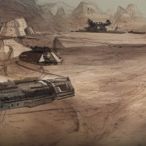 Image similar to sci-fi barge floating over a desert landscape in the style of Ian McQue