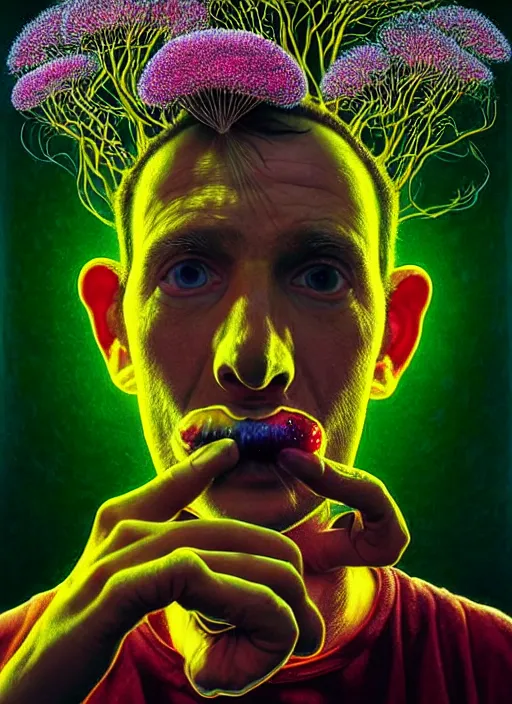 Image similar to hyper detailed 3d render like a Oil painting - serious portrait of Hank Green in Aurora (Singer) seen Eating of the Strangling network of yellowcake aerochrome and milky Fruit and Her delicate Hands hold of gossamer polyp blossoms bring iridescent fungal flowers whose spores black the foolish stars by Jacek Yerka, Mariusz Lewandowski, Houdini algorithmic generative render, Abstract brush strokes, Masterpiece, Edward Hopper and James Gilleard, Zdzislaw Beksinski, Wolfgang Lettl, hints of Yayoi Kasuma, octane render, 8k