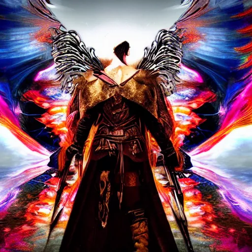 Image similar to psychedelic fantasy character art hyperrealism, white armor, black armor, caucasian, native american, european, asian, australian, brown hair with red and blue highlights, in a cinematic wallpaper, glitch effects, dissolve effects, noise, halo / nimbus, devils horns, angel wings, raven wings, hdr 8 k dop dof