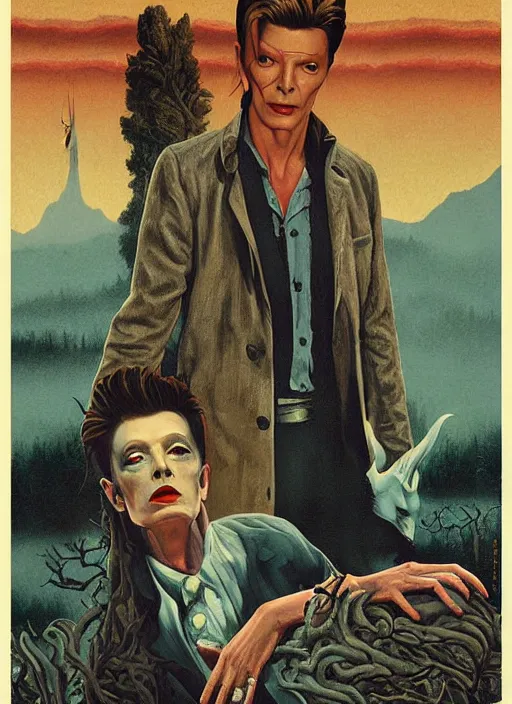 Image similar to twin peaks poster art, david bowie is infected with the spirit of the wendigo demon, old retro pulp, by michael whelan, rossetti bouguereau, artgerm, retro, nostalgic, old fashioned