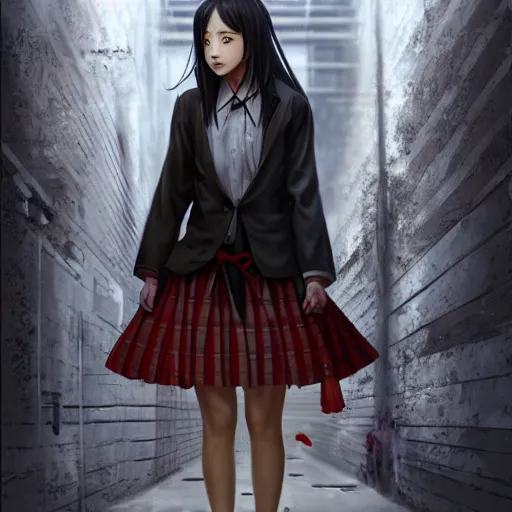 Image similar to a perfect, realistic professional digital oil painting of a Japanese schoolgirl posing in a dystopian alleyway, style of Marvel, full length, by a professional American senior artist on ArtStation, a high-quality hollywood-style concept