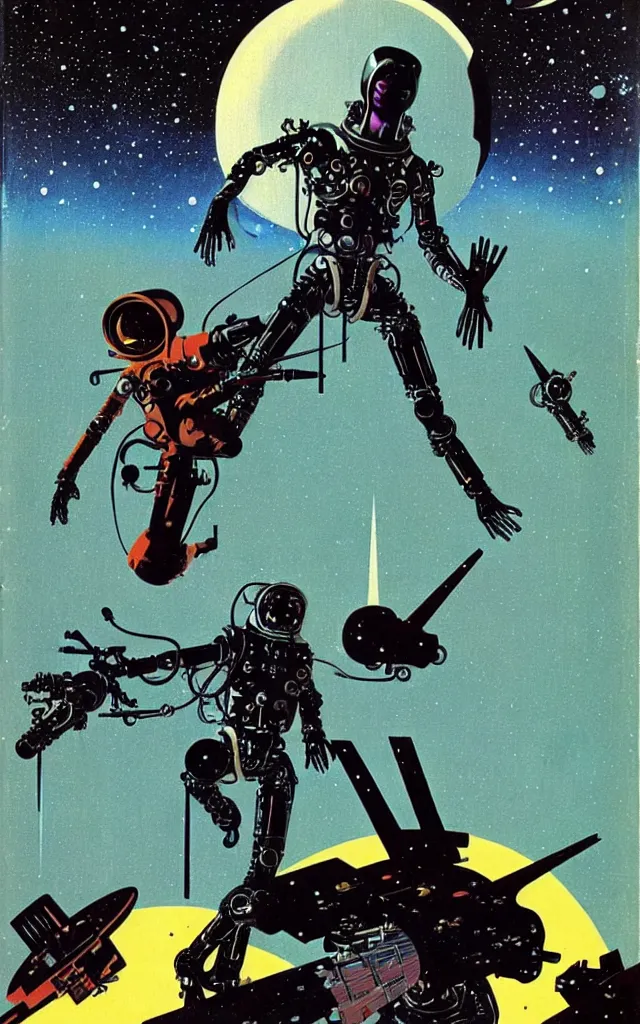 Prompt: space cowboy cyborg. space fantasy. bauhaus art. retro comicbook art. dean ellis.