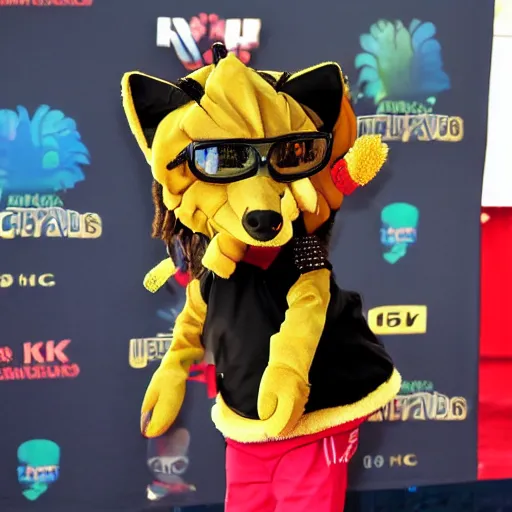 Image similar to snoop dog wearing a fursuit without the head mask at a furry convention, 4 k flash photography