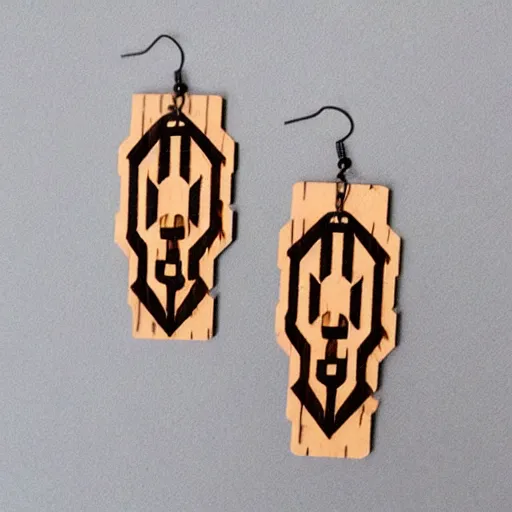 Image similar to lasercut segmented 2d wood earrings, graphic designs from world of warcraft