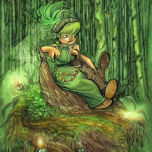 Image similar to a green genie ready to grant wishes deep in the forest, fantasy illustration, Miyazaki