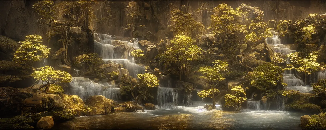 Prompt: of the throne of god and flowing from the throne is a river of the water of life as clear as crystal and in the middle of the river is a golden street and on either side of the river is a tree of life by daniel f. gerhartz and matt stewart, fantasy, photorealistic, octane render, unreal engine, dynamic lighting