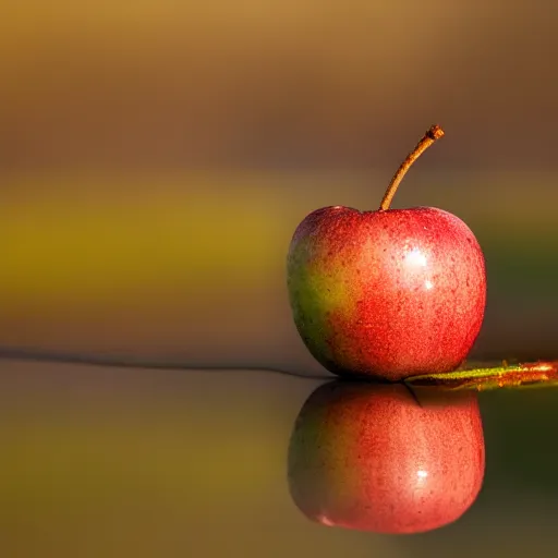 Image similar to apple seed sits in a water spill on the soil ground, reflections of apple trees, sunset light, in the style of van goch