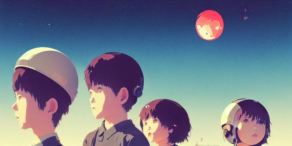 Image similar to 3 d portrait of boy and girl with astronaut helmets by ilya kuvshinov, cloudy sky background lush landscape ln illustration concept art anime key visual trending pixiv by victo ngai fanbox by greg rutkowski makoto shinkai takashi takeuchi studio ghibli