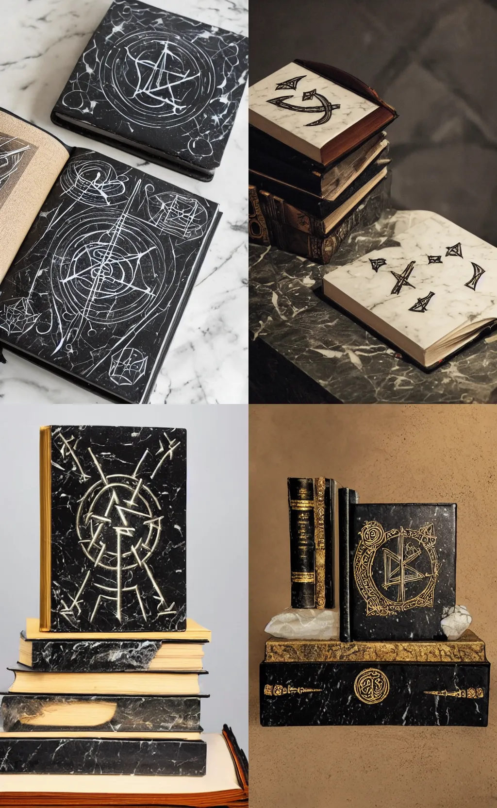 Prompt: A magic book with glowing runes floating over a marble plinth