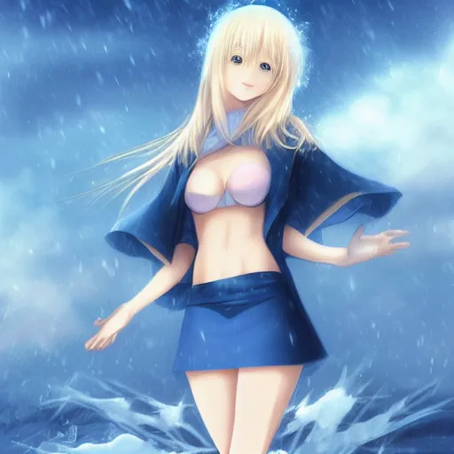Image similar to full body shot : a very beautiful mature blond anime girl in a snowstorm, beanie, sky blue eyes,, bikini, miniskirt, highly detailed, cinematic wallpaper by stanley artgerm lau