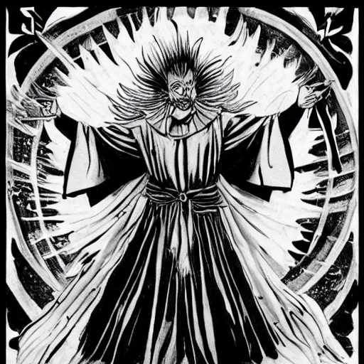 Prompt: black and white pen and ink!!!!!!! Suprani!!!!! wizard Christian Bale wearing High Royal flower print robes flaming!!!! final form flowing ritual royal!!! Cosmic battle stance Vagabond!!!!!!!! floating magic swordsman!!!! glides through a beautiful!!!!!!! Camellia!!!! Tsubaki!!! death-flower!!!! battlefield behind!!!! dramatic esoteric!!!!!! Long hair flowing dancing illustrated in high detail!!!!!!!! by Yusuke Murata and Hiroya Oku!!!!!!!!! graphic novel published on 2049 award winning!!!! full body portrait!!!!! action exposition manga panel black and white Shonen Jump issue by David Lynch eraserhead and beautiful line art Hirohiko Araki!! Tite Kubo!!!!!, Kentaro Miura!, Jojo's Bizzare Adventure!!!! 3 sequential art landscape golden ratio panels horizontal per page