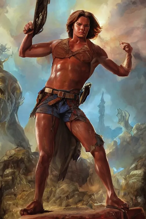 Prompt: pretty muscular sam winchester as indiana jones in the fate of atlantis, clothes torn apart, fantasy style, sharp focus!, ultra detailed, art by artgerm and peter andrew jones, wlop