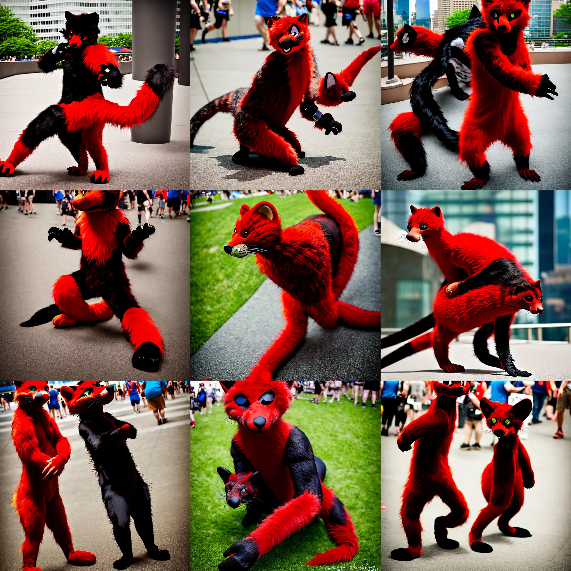 Image similar to fullbody photoshoot photo portrait of a roguish male red - black furred weasel furry fursuiter ( tail attached ), taken at anthrocon ( furry convention )