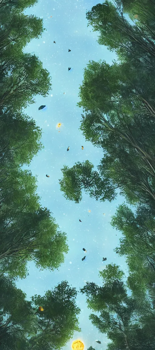 Prompt: vertical panoramic shot of an anime character, looking up, tall trees, nighttime with fireflies in the trees, young character, trending on artstation, digital art