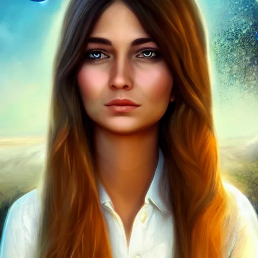 Image similar to portait princess latifa raafat, centred, very long hair, hd, unreal engine, art digital painting, amazing background theme