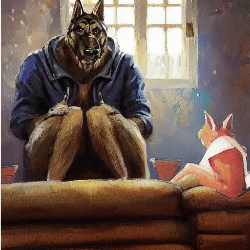 Image similar to a humanoid german shepherd beast - man, sitting and watching a soccer match in his house on television, he has hurt his knee and is a dad, by erin hanson, alexi zaitsev, karl spitzweg, award winning, tv set