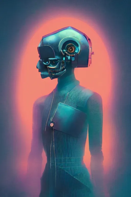 Prompt: full body skull lady, blade runner 2 0 4 9, scorched earth, cassette futurism, modular synthesizer helmet, the grand budapest hotel, glow, digital art, artstation, pop art, by hsiao - ron cheng