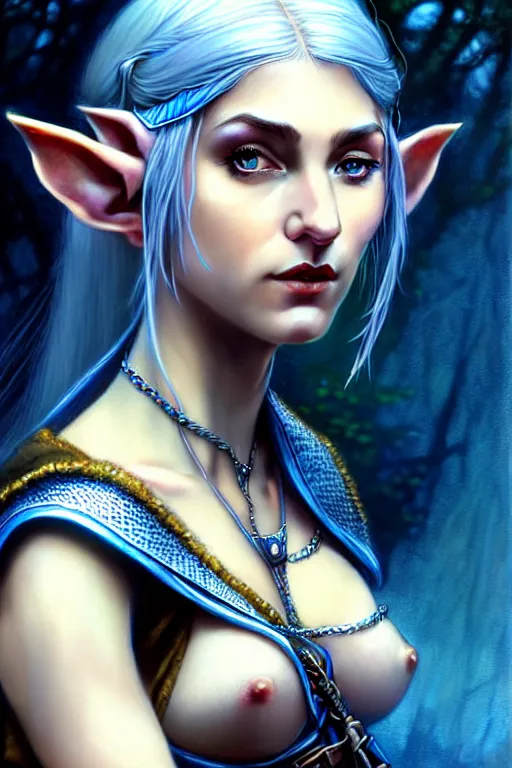 Image similar to alluring highly detailed matte close-up portrait of beautiful elf Shani (from Witcher 3) wearing chesty chainmail bikini and a blue cloak, very detailed, realistic, manga, pen and ink, by Stanley Artgerm Lau, greg rutkowski, thomas kindkade, alphonse mucha, loish, norman rockwell J.