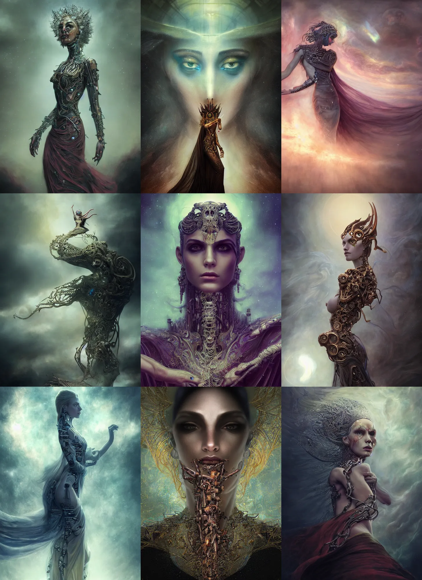 Image similar to epic portrait of menacing and anxious yet stunningly beautiful biomechanical djinn overseeing the iridescent fabric of time and space, by charlie bowater, mandy jurgens, gustav klimt, octane render, dramatic camera angle, 4k, 8k, high detail, HDR, by tom bagshaw, powerful, with inspiration from Beksinski, inspired by greek goddess Athena